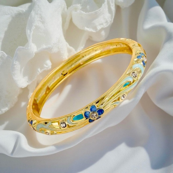 Blue Floral Theme Enamel Cloisonne Bracelet Bangle - Picture 2 of 7